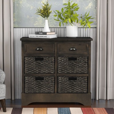 CENGHU Rustic Storage Cabinet, Entryway Table with Two Drawers and Four Classic Rattan Basket, for Dining Room/Living Room