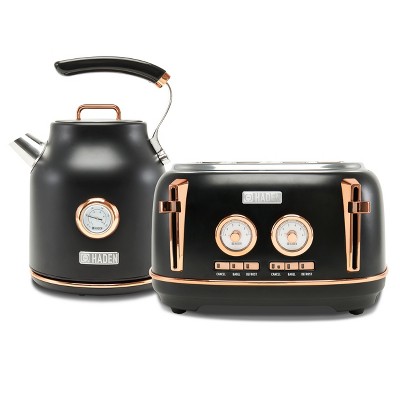 Haden Dorset 1.7 Liter Stainless Steel Electric Kettle with 360-Degree Base Bundled with 4 Slice Wide Slot Stainless Steel Toaster, Black & Copper