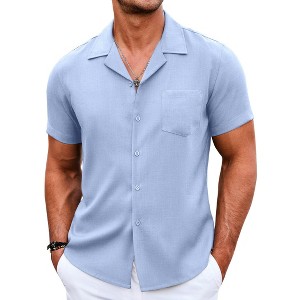 COOFANDY Men's Casual Button Down Short Sleeve Linen Beach Cuban Vacation Textured Shirts with Pocket - 1 of 4