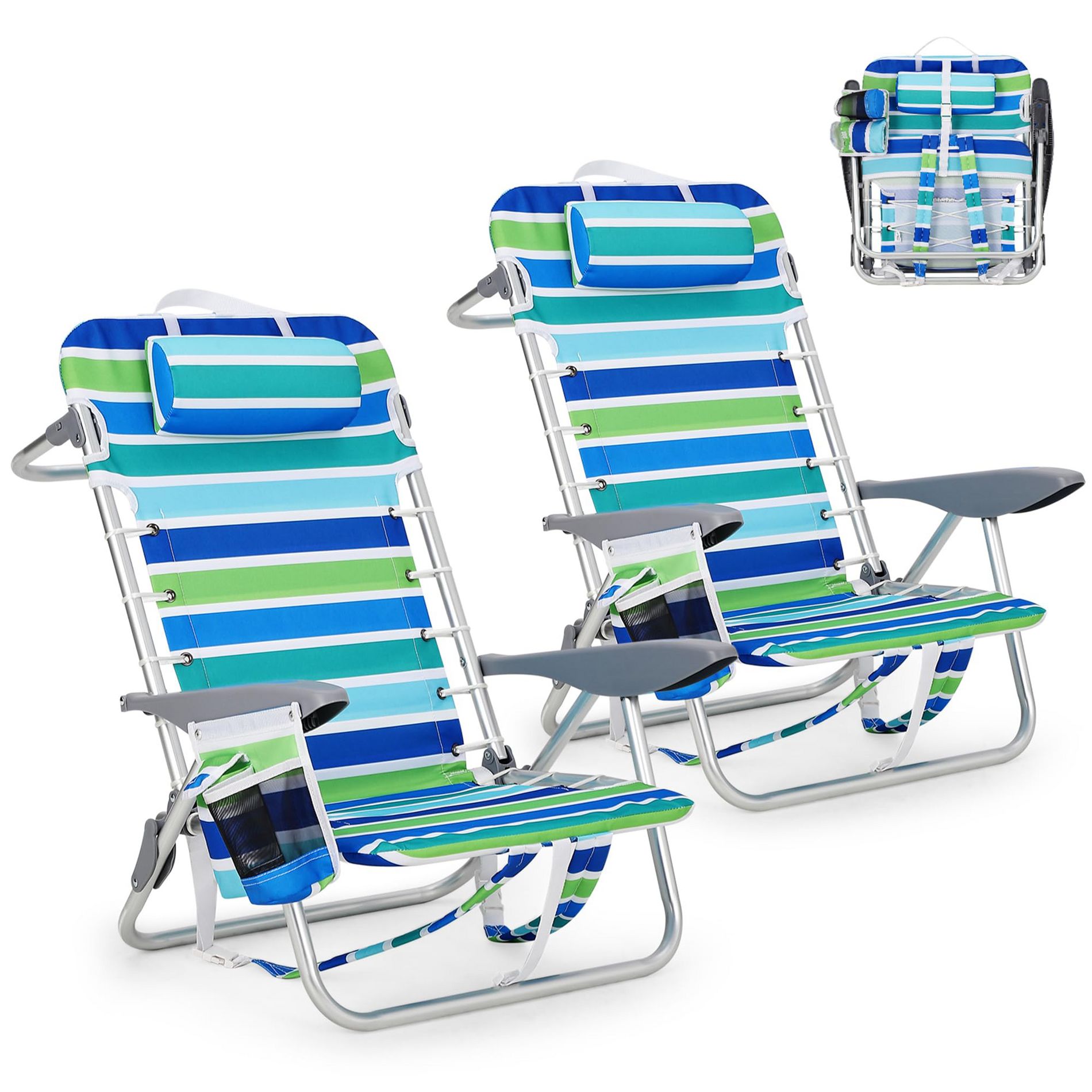 2 Pack Backpack Beach Chair for Adults, Portable Lay Flat Folding Beach Chair with 5 Reclining Positions, Phone Pocket, Cup Holder & Towel Bar