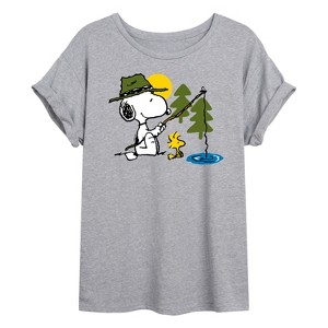 Women's - Peanuts - Snoopy Woodstock Fishing Oversized Graphic T-Shirt - 1 of 4