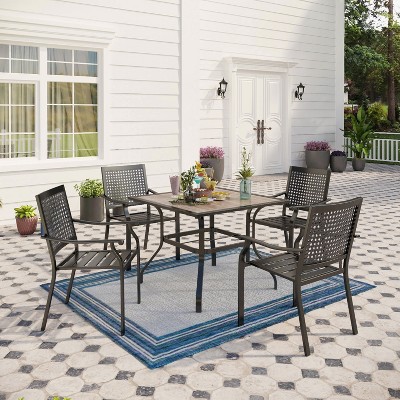 Captiva Designs 5pc Patio Wood-look Square Dining Table with Umbrella Hole & Metal Arm Chairs