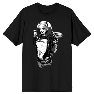 Suicide Squad 2016 Harley Quinn Gray Scale Men's Black T-Shirt-Small