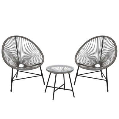 3 Piece Acapulco Chair Set - All-Weather Modern Patio Furniture Set with Plastic Rope, Glass Top Table, 2 Chairs, Woven Patio Conversation Bistro Set