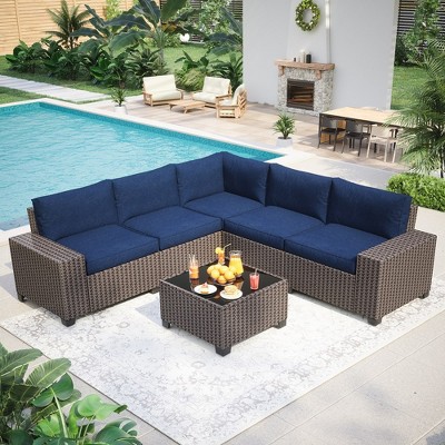 6 Pieces Outdoor Patio Furniture Set, Wicker Patio Conversation Set Sectional Sofa, Patio Sofa with 5 Navy Blue Seat Cushions and 1 Glass Coffee Table