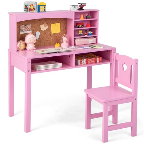 Costway Kids Desk and Chair Set Study Writing Workstation with Hutch &  Bulletin Board Pink