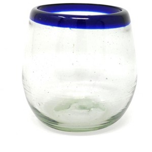Dos Sueños Mexican Hand Blown Stemless Wine Glasses - Blue Rim - 15oz - Single Glass - 1 of 4