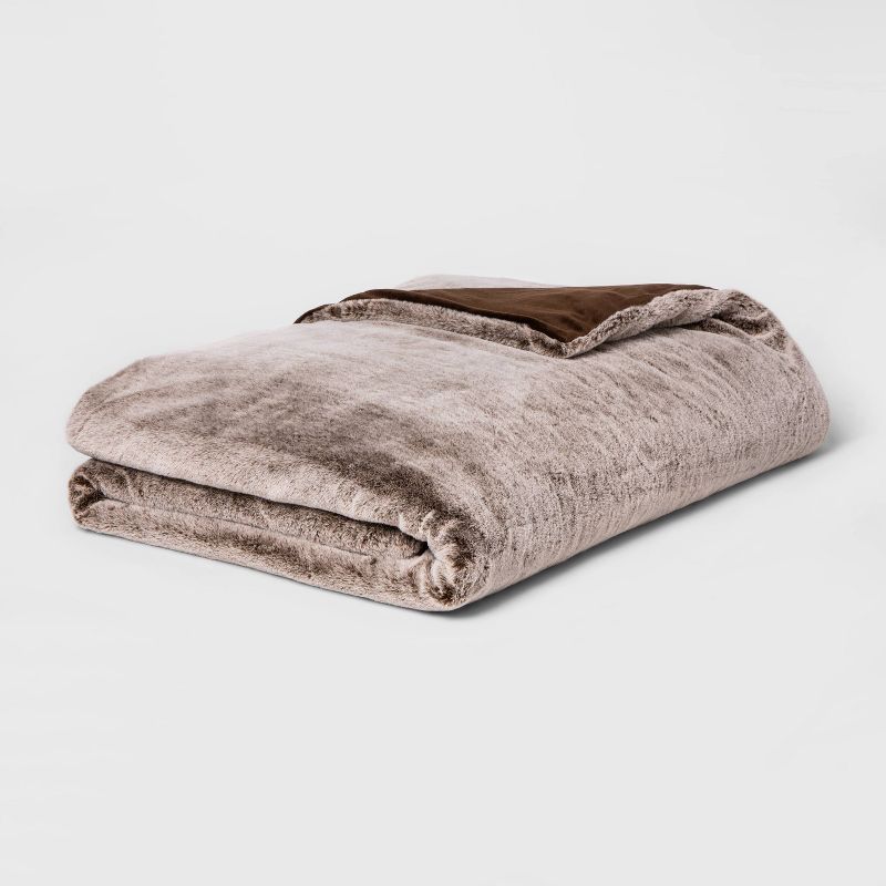 55&#34; x 80&#34; 18lbs Faux Fur Weighted Blanket with Removable Cover Brown - Threshold&#8482;, 1 of 6