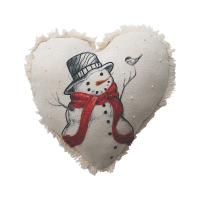 Storied Home Cotton and Linen Printed Heart Shaped Pillow with Embroidered Snowman and Bird Image, French Knots and Fringe, Multicolor