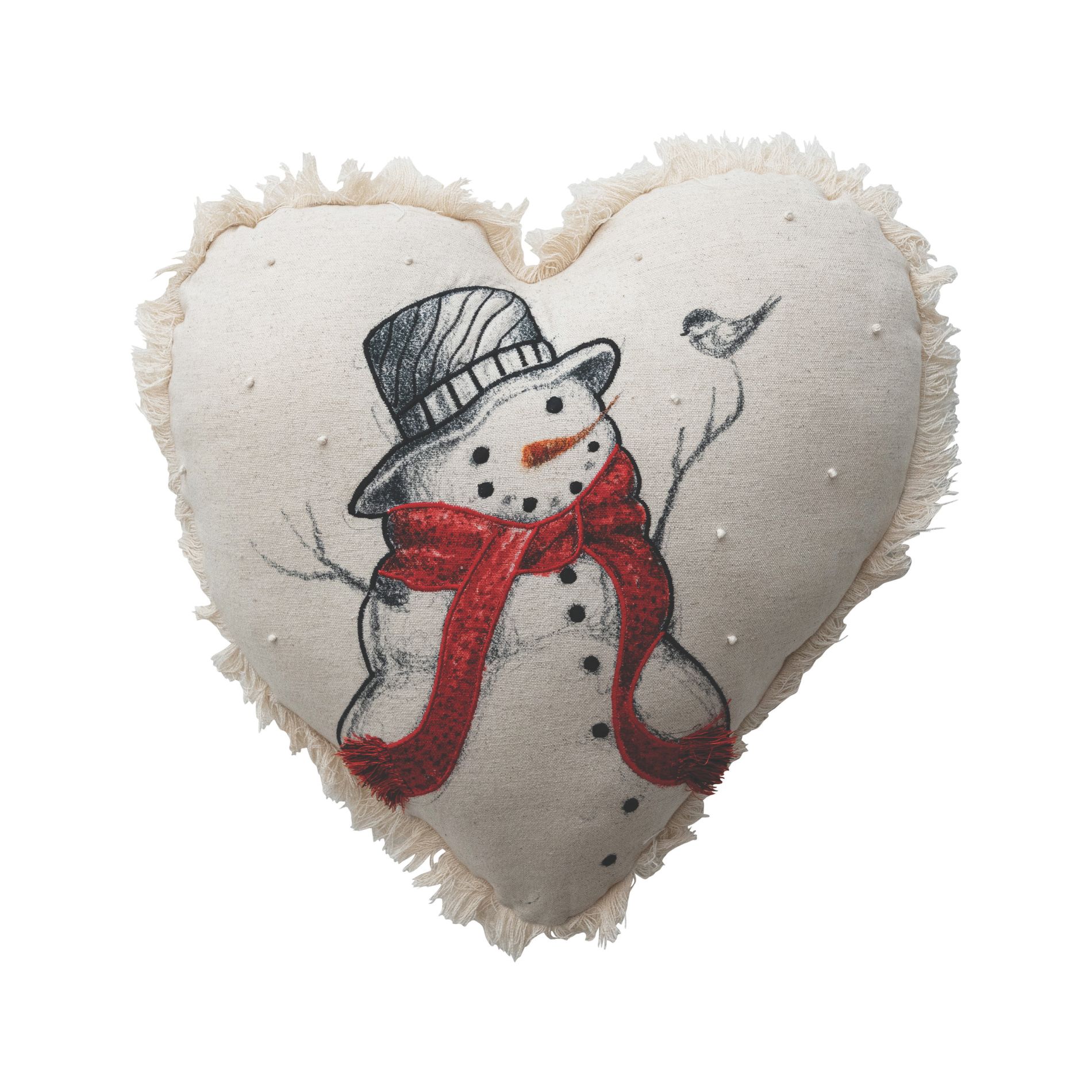 Storied Home Cotton and Linen Printed Heart Shaped Pillow with Embroidered Snowman and Bird Image, French Knots and Fringe, Multicolor
