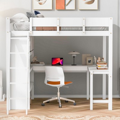 NicBex Full Size Loft Bed with Desk Pine Bed Frame with Shelves, Inclined Ladder and Full Length Guardrail, No Box Spring Required