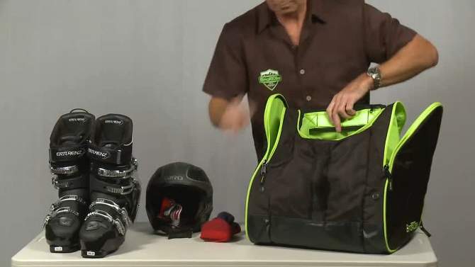 Sportube Freerider Outdoor 70 Liter Ski Boot Helmet & Gear Backpack Bag w/ Storage Pocket, Padded Back and Straps, Airline Compliant, Green/Black, 2 of 8, play video