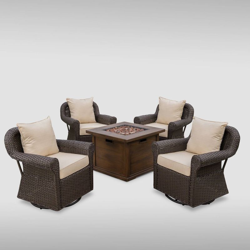 Venti 5pc Wicker Swivel Club Chairs and Fire Pit - Dark Brown/Beige - Christopher Knight Home, 3 of 8