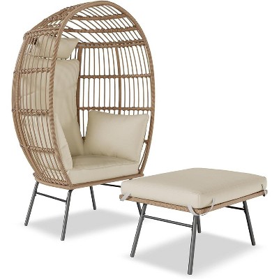 Patio Egg Chair Outdoor with Ottoman - Wicker Egg Chair Oversized Patio Lounge Chairs with Cushions, Metal Frame Stand, for Balcony, Patio Beige