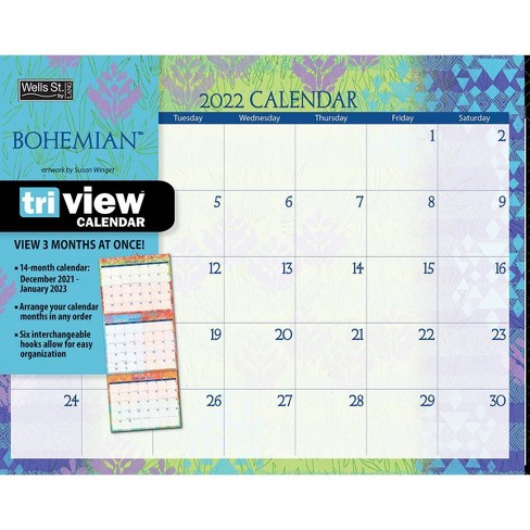 2022 Wall Calendar Tri-View 14 Month Bohemian - Wells St. By Lang : Target