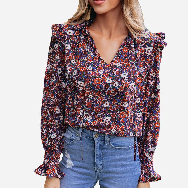 Women's Floral Print Ruffled Tie Neck Top - Cupshe, 1 of 8