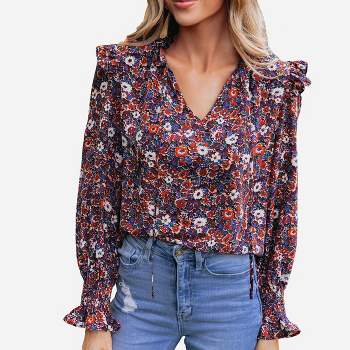 Women's Floral Print Ruffled Tie Neck Top - Cupshe