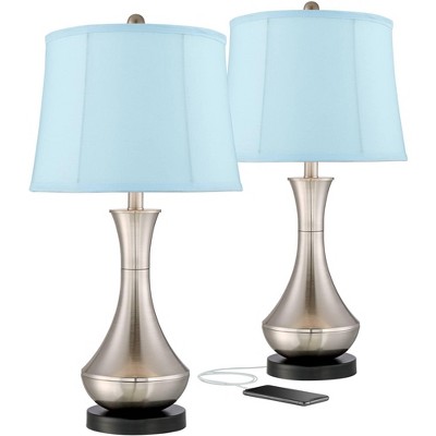 360 Lighting Contemporary Table Lamps Set of 2 with USB Charging Port Brushed Nickel Metal Blue Softback Shade Living Room Bedroom