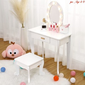 for Age 4-9 Girls' Vanity Table and Chair Set, Kids Makeup Dressing Table w/ Lights & Wood Makeup Playset, Kids Vanity Set w/ Mirror & Drawer - 1 of 4
