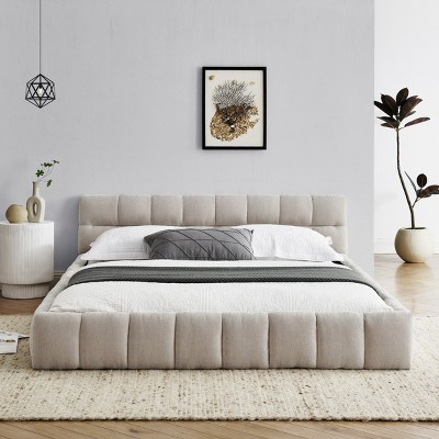 Queen Size Upholstered Bed Frame With Thick Fabric, Chenille Fabric Grounded Platform Bed With Headboard And Solid Frame-Cuddlewood