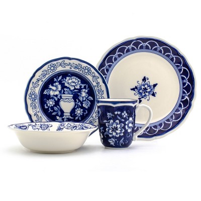 16pc Stoneware Blue Garden Dinnerware Set Blue/White - Euro Ceramica