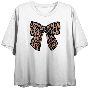 Jaguar Print Ribbon Women's White Crew Neck Short Sleeve Crop Top - 1 of 3