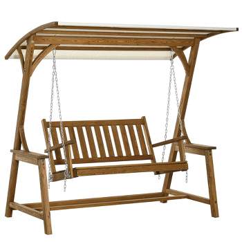 Outsunny 2 Seater Porch Swing with Canopy, Wooden Patio Swing Chair, Outdoor Swing Seat Loveseat