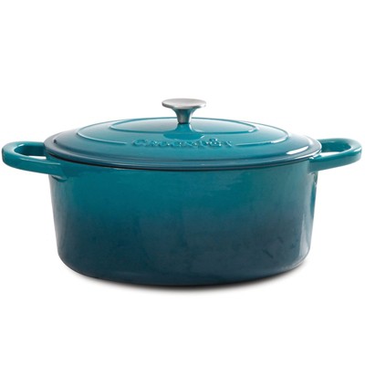 Teal 7-Quart Enameled Cast Iron Oval Dutch Oven with Lid