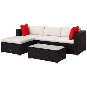 5-Piece Patio Furniture Set with Cushions, Outdoor PE Rattan Wicker Sofa Set, Sectional Furniture with Pillows, Glass Coffee Table for Garden - 1 of 4