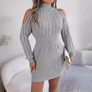 Clearlove Women's Off-Shoulder Mock Neck Sweater Dress Textured Cable Knit Balloon Sleeve Tunic - 1 of 4