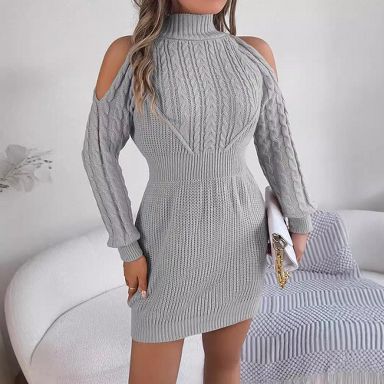 Clearlove Women's Off-Shoulder Mock Neck Sweater Dress Textured Cable Knit  Balloon Sleeve Tunic Grey S : Target
