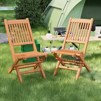 Tangkula Set of 2 Teak Wood Outdoor Chair Folding Portable Patio Chair w/ Slatted Seat & Back