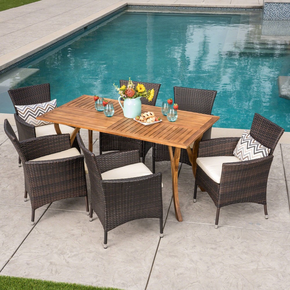 Photos - Dining Table Bennett 7pc Acacia Wood and Wicker Dining Set - Brown - Christopher Knight Home: Outdoor Elegance with Cozy Cushions & Weath