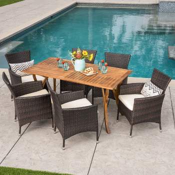 Bennett 7pc Acacia Wood and Wicker Dining Set - Brown - Christopher Knight Home