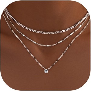 14K Gold Silver Plated Layered Necklace CZ Circle Cuban Chain Waterproof Gift Silver-Cubic Zirconia - 1 of 4
