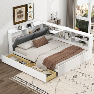 1pc Full Size Storage Platform Bed, Solid Wood Frame with Upholstered Headboard, Shelves & Drawers - Baofuwish - 1 of 4