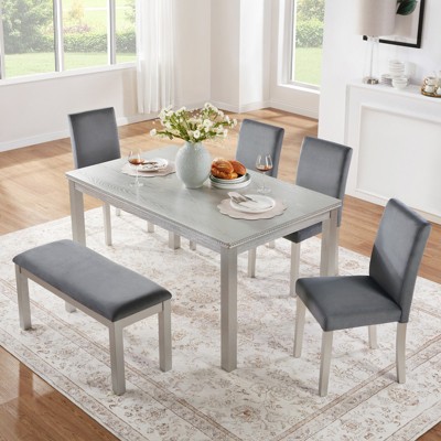 Aukfa 6 Piece Rectangular Dining Table Set with 4 Upholstered Chairs and Bench for Kitchen, Dining Room,Sliver Grey