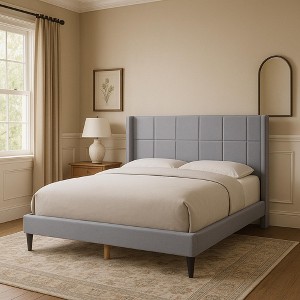 Racxily Luma Upholstered Bed, Linen Wingback Headboard with Solid Wood Legs & Slatted Base - 1 of 4
