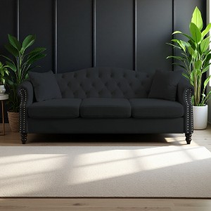 79" Velvet Chesterfield 3-Seater Sofa with Rolled Arms & Nailhead Trim - 1 of 4