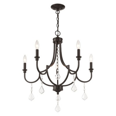 Mini English Bronze 5-Light Crystal Chandelier with Candelabra Bulbs