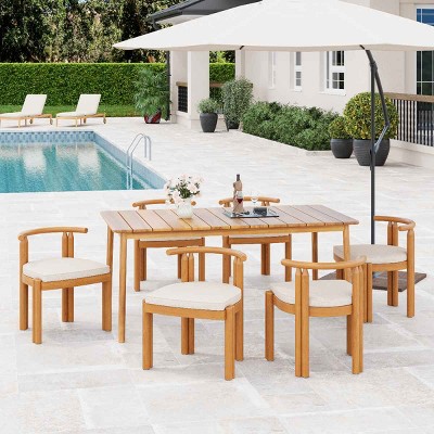 7 PCS Rustic Style Patio Dining Set, Armless Dining Chair with Curved Backrest, Dining Chair with Acacia Wood Frame and Cushion-Coolbibila