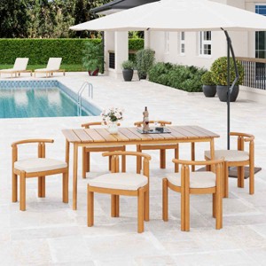 7 PCS Rustic Style Patio Dining Set, Armless Dining Chair with Curved Backrest, Dining Chair with Acacia Wood Frame and Cushion-Coolbibila - 1 of 4