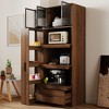 PDTEND 70.87" Freestanding Kitchen Pantry Cabinet with Pull-Out Multi-Tier Storage, Large Drawer, Aluminum Frame Glass Door - Walnut - 4 of 4