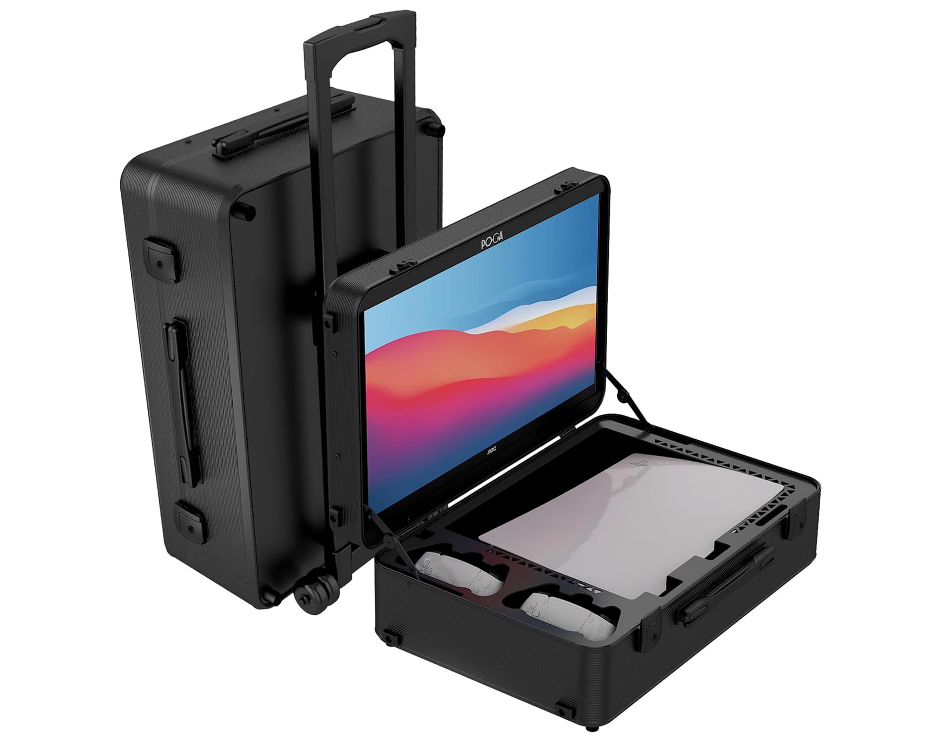 POGA LUX PlayStation 5 Premium Portable Console Travel Case incl. Trolley and 24 AOC Gaming Monitor