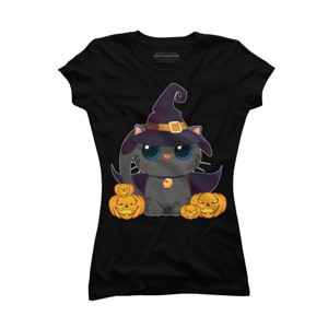 Junior's Design By Humans Black Cat With Jack O Lantern Halloween Shirt By thebeardstudio T-Shirt - 1 of 3