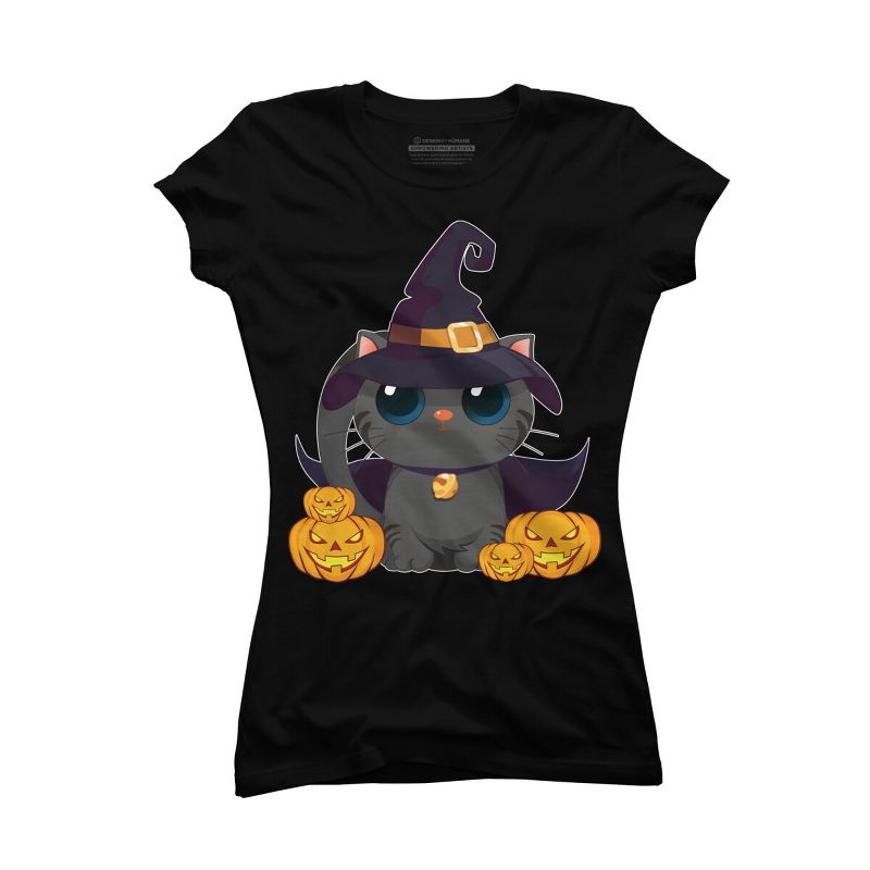 Junior's Design By Humans Black Cat With Jack O Lantern Halloween Shirt By thebeardstudio T-Shirt, 1 of 4