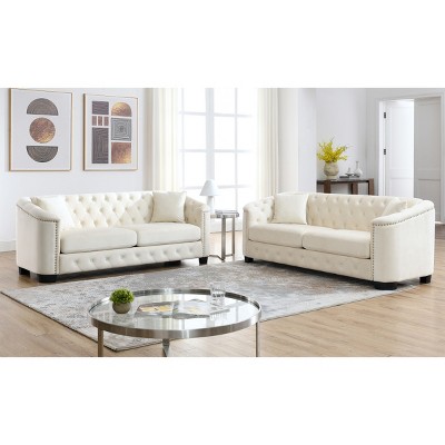 Set of 2 Luxury Chesterfield Velvet Sofa,77" 3-Seater Tufted Couch with Nailhead Trim for Living Room,Apartment-Baofuwish