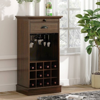 Walnut Wood Wine Cabinet with Metal Glass Holder and Lattice Rack