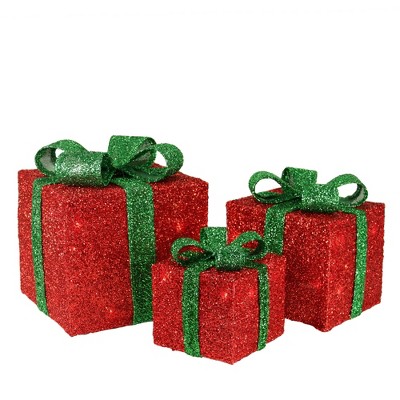 Northlight Set of 3 Lighted Red and Green Tinsel Gift Boxes with Bows Christmas Outdoor Decorations 10"