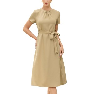 INSPIRE CHIC Women's Summer Work Pleated Short Sleeve Crew Neck Belted A Line Midi Dresses - 1 of 4